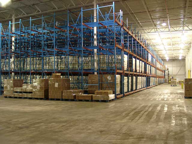 This gravity powered, pallet flow rack system is 80 feet in length, three levels high and 30 rows across.