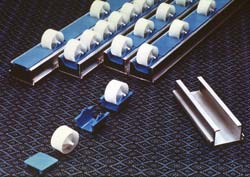 Mini-Wheels are lightweight, self-contained wheel and bracket units, which along with spacers, snap into standard aluminum extruded tracks or any sheet metal part to produce instant lightweight mini-conveyors.