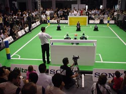This is a picture of an international robot football match.