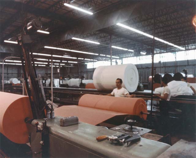 Flexible foam round polyurethane foam buns used to make carpet padding and other items.