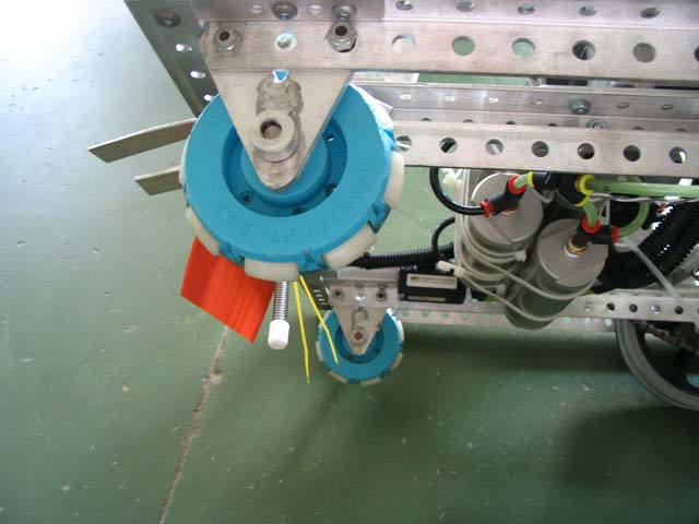 This picture shows a close up of how the idler Transwheels that are used on the Agawam High School robot.